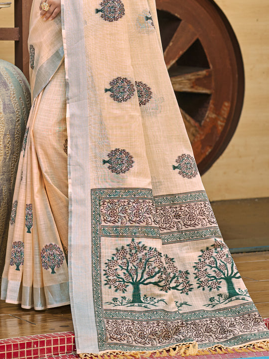 Peach Linen Sarees With Blouse Piece