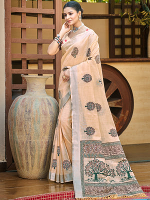 Peach Linen Sarees With Blouse Piece