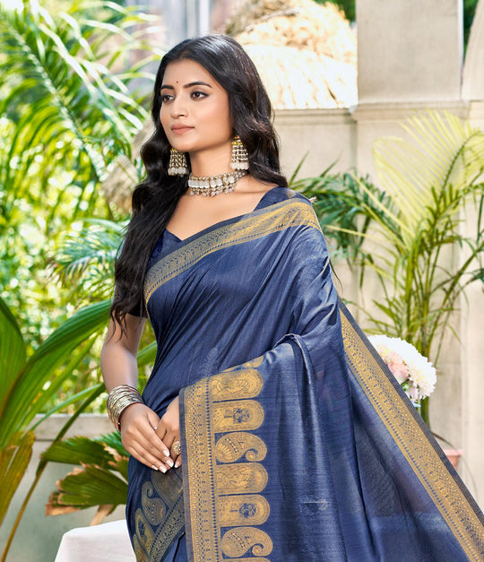 Navy Blue Assam silk Sarees With Blouse Piece
