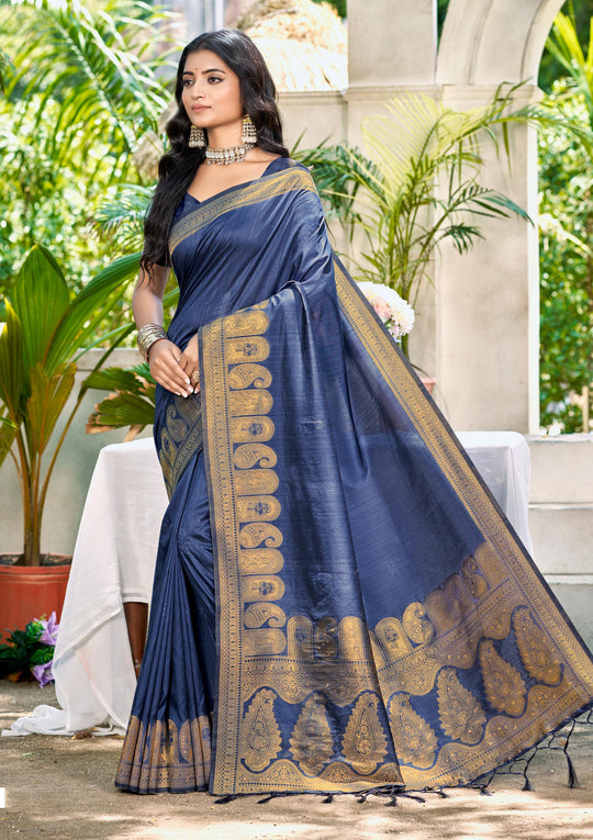 Navy Blue Assam silk Sarees With Blouse Piece