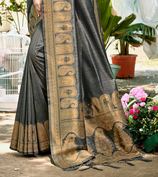 Grey Assam silk Sarees With Blouse Piece