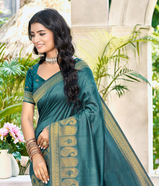 Turquoise Assam silk Sarees With Blouse Piece