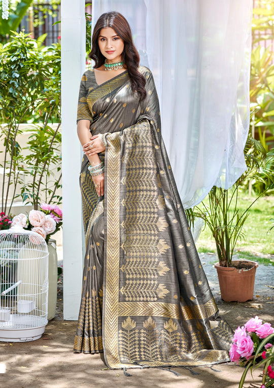 Grey Assam silk Sarees With Blouse Piece