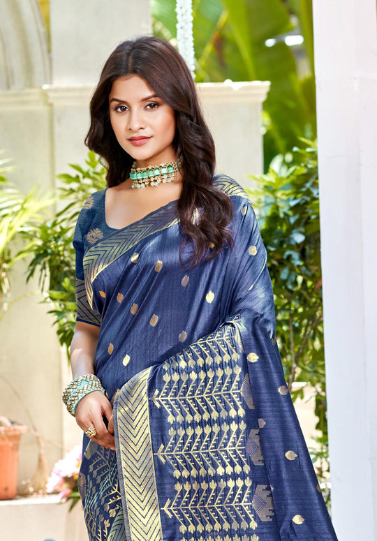 Navy Blue Assam silk Sarees With Blouse Piece