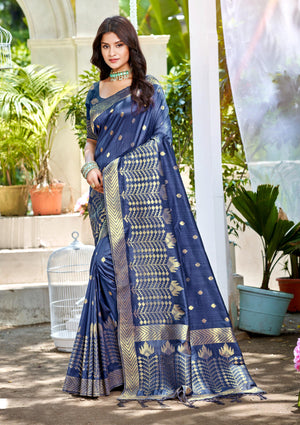 Navy Blue Assam silk Sarees With Blouse Piece