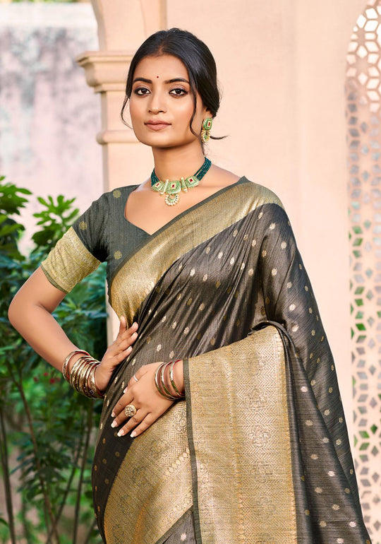 Grey Assam silk Sarees With Blouse Piece