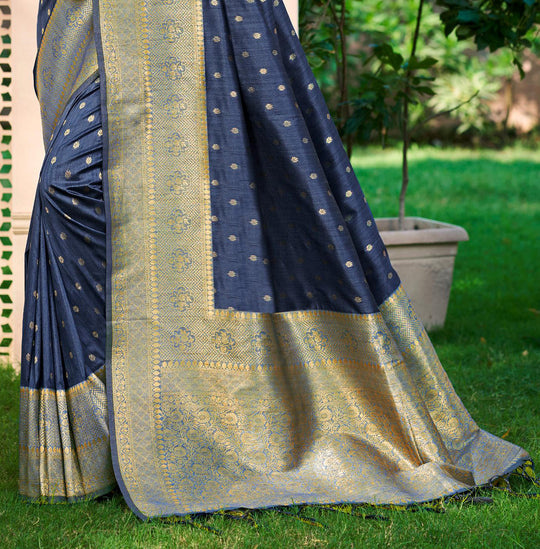 Navy Blue Assam silk Sarees With Blouse Piece
