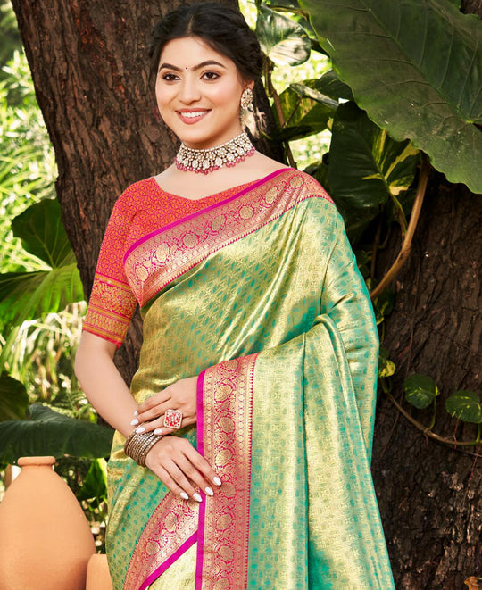 Multi Color kanjivaram silk Sarees With Blouse Piece