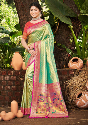 Multi Color kanjivaram silk Sarees With Blouse Piece