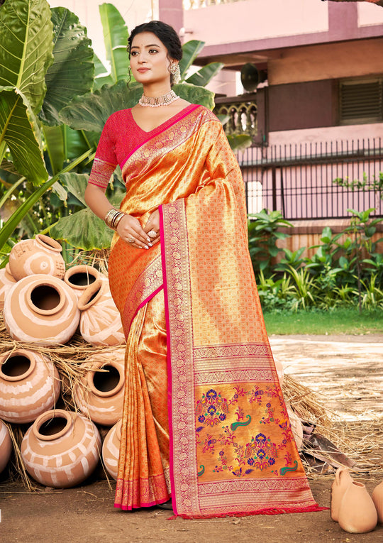 Multi Color kanjivaram silk Sarees With Blouse Piece