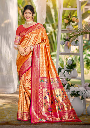 Multi Color kanjivaram silk Sarees With Blouse Piece