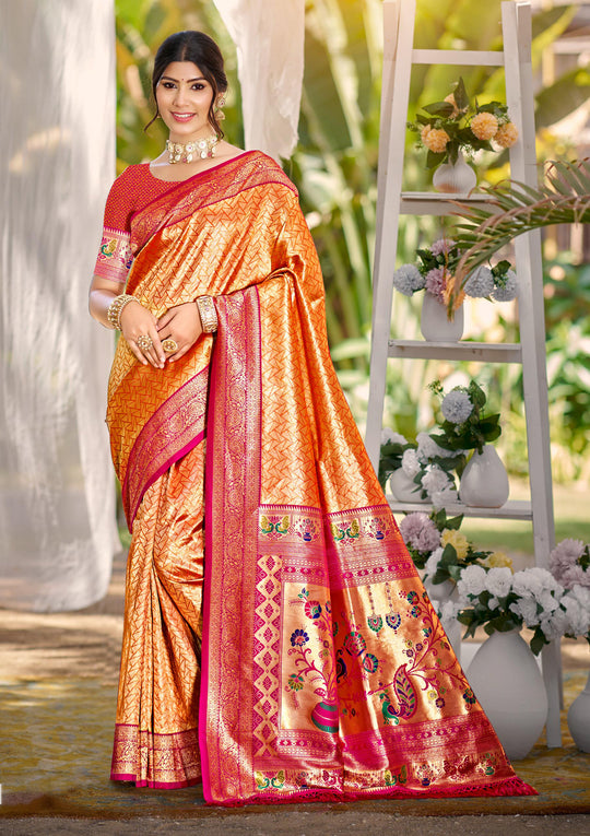 Multi Color kanjivaram silk Sarees With Blouse Piece
