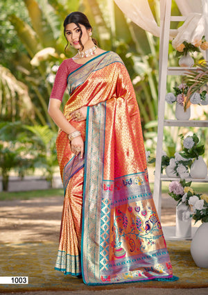 Multi Color kanjivaram silk Sarees With Blouse Piece