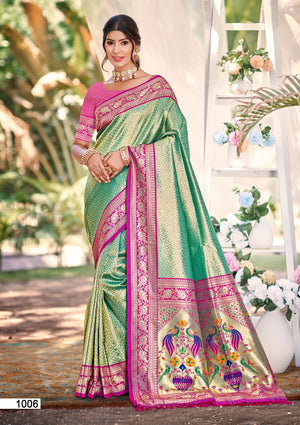 Multi Color kanjivaram silk Sarees With Blouse Piece