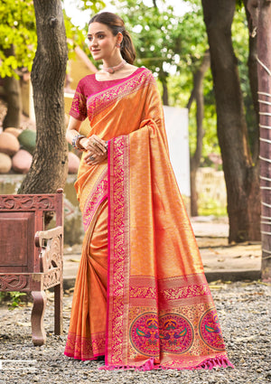 Multi Color kanjivaram silk Sarees With Blouse Piece