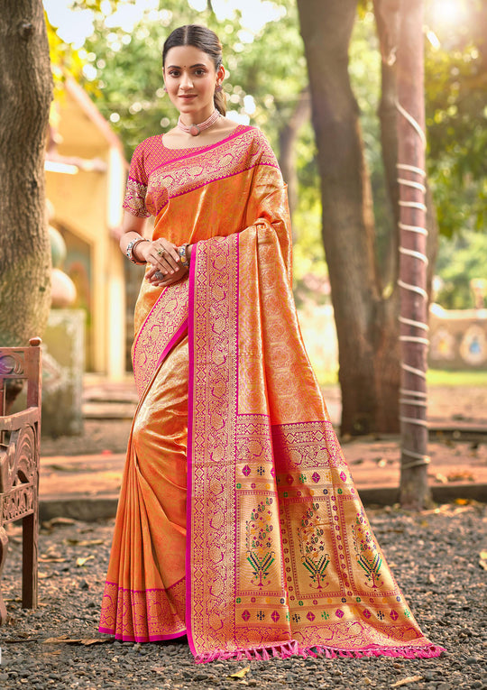 Multi Color kanjivaram silk Sarees With Blouse Piece