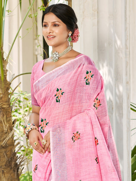 Light Pink Linen Sarees With Blouse Piece