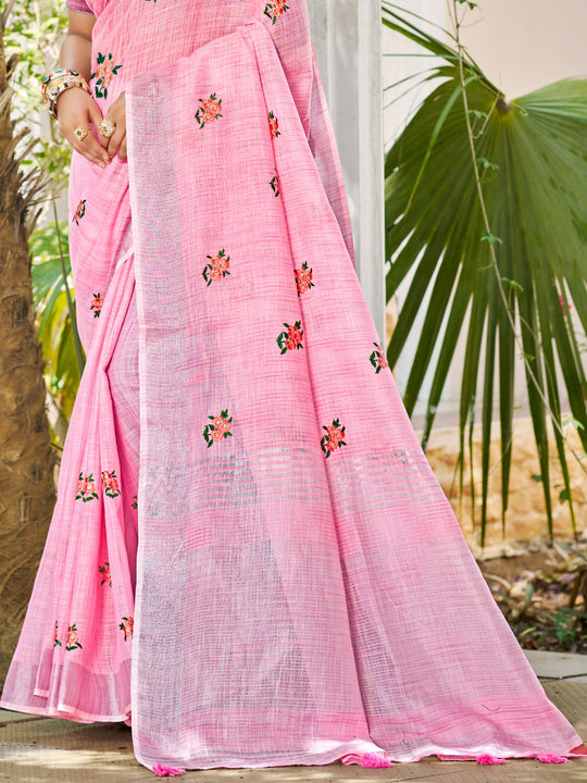 Light Pink Linen Sarees With Blouse Piece