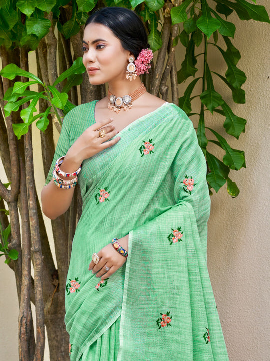 Light Green Linen Sarees With Blouse Piece