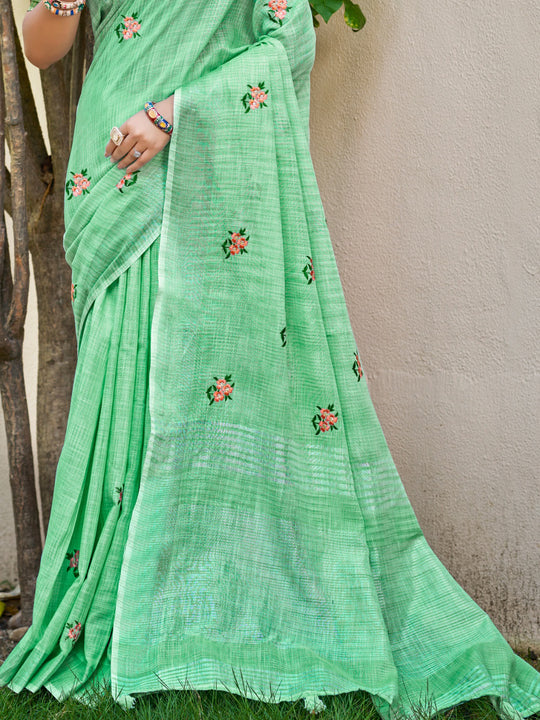 Light Green Linen Sarees With Blouse Piece