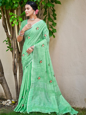 Light Green Linen Sarees With Blouse Piece
