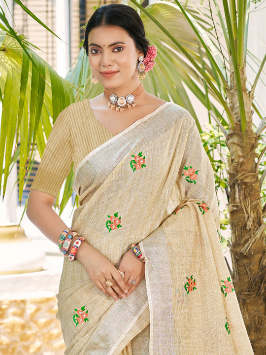 Cream Linen Sarees With Blouse Piece