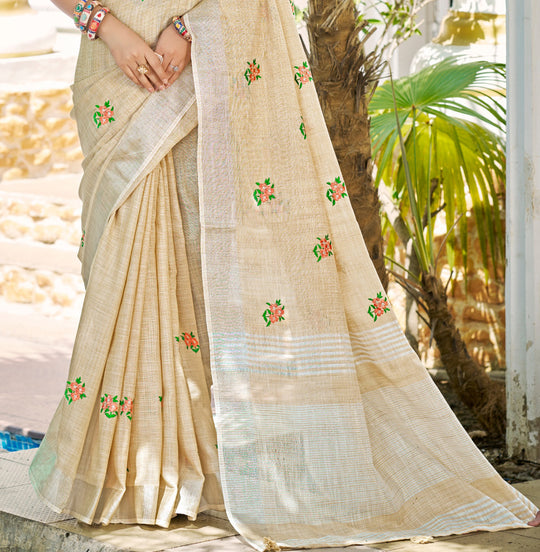 Cream Linen Sarees With Blouse Piece