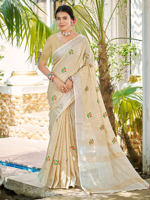 Cream Linen Sarees With Blouse Piece