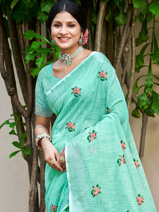 Sea Green Linen Sarees With Blouse Piece