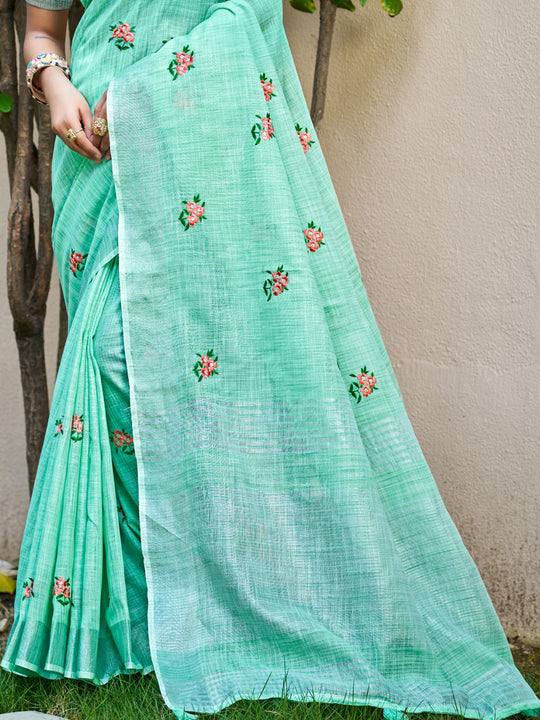 Sea Green Linen Sarees With Blouse Piece