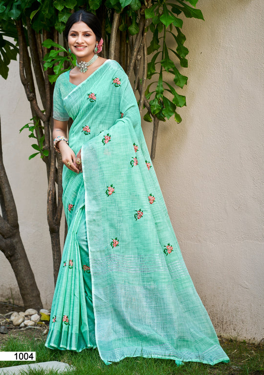 Sea Green Linen Sarees With Blouse Piece