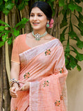 Peach Linen Sarees With Blouse Piece