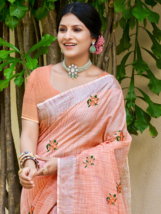 Peach Linen Sarees With Blouse Piece