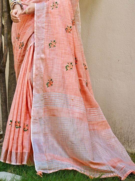 Peach Linen Sarees With Blouse Piece