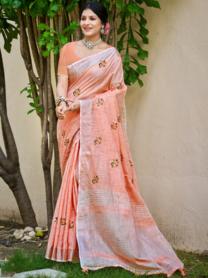 Peach Linen Sarees With Blouse Piece