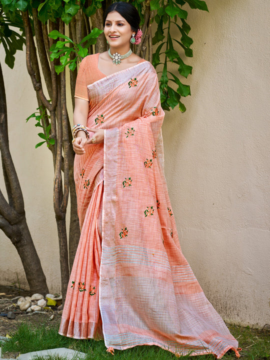 Peach Linen Sarees With Blouse Piece