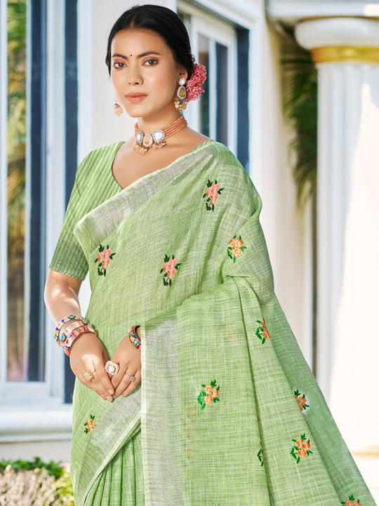 Olive Green Linen Sarees With Blouse Piece