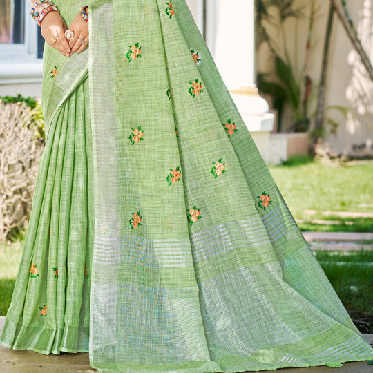 Olive Green Linen Sarees With Blouse Piece