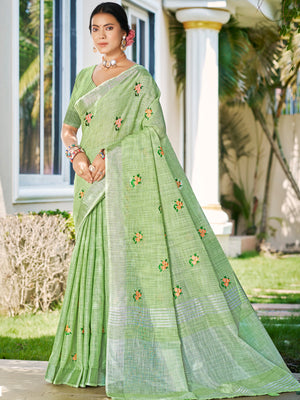 Olive Green Linen Sarees With Blouse Piece