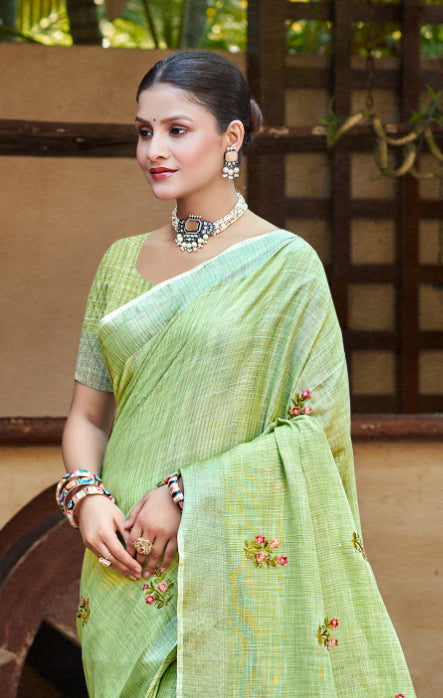 Olive Green Linen Sarees With Blouse Piece