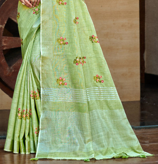 Olive Green Linen Sarees With Blouse Piece