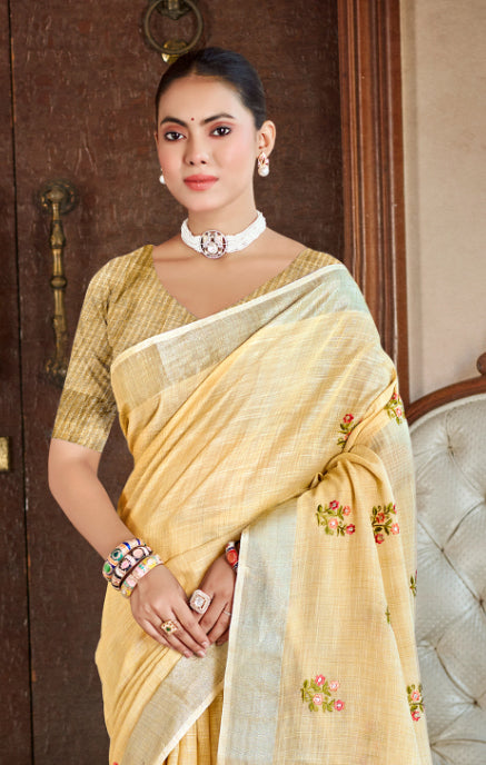 Mustard Linen Sarees With Blouse Piece