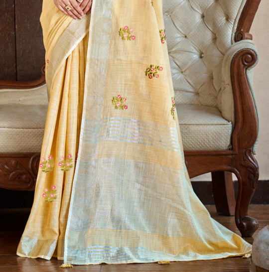 Mustard Linen Sarees With Blouse Piece
