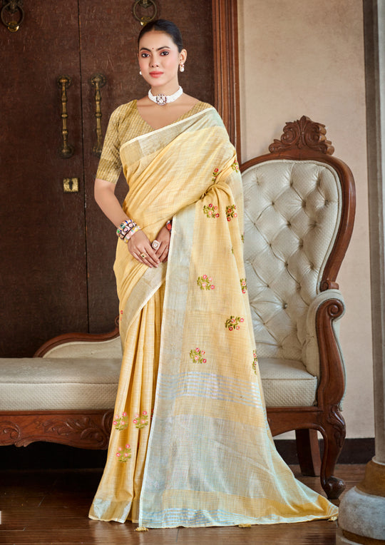 Mustard Linen Sarees With Blouse Piece