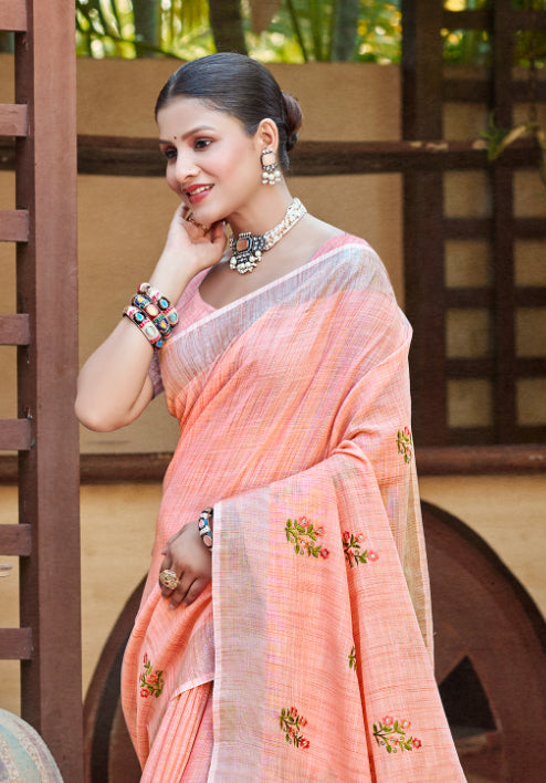 Peach Linen Sarees With Blouse Piece