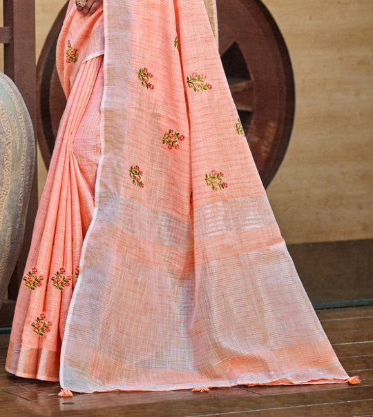 Peach Linen Sarees With Blouse Piece