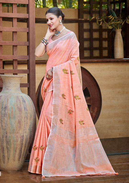 Peach Linen Sarees With Blouse Piece