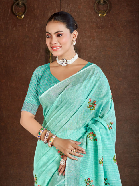 Sea Green Linen Sarees With Blouse Piece