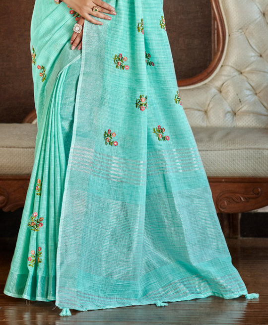 Sea Green Linen Sarees With Blouse Piece