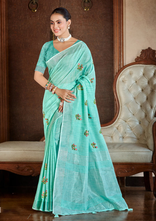 Sea Green Linen Sarees With Blouse Piece